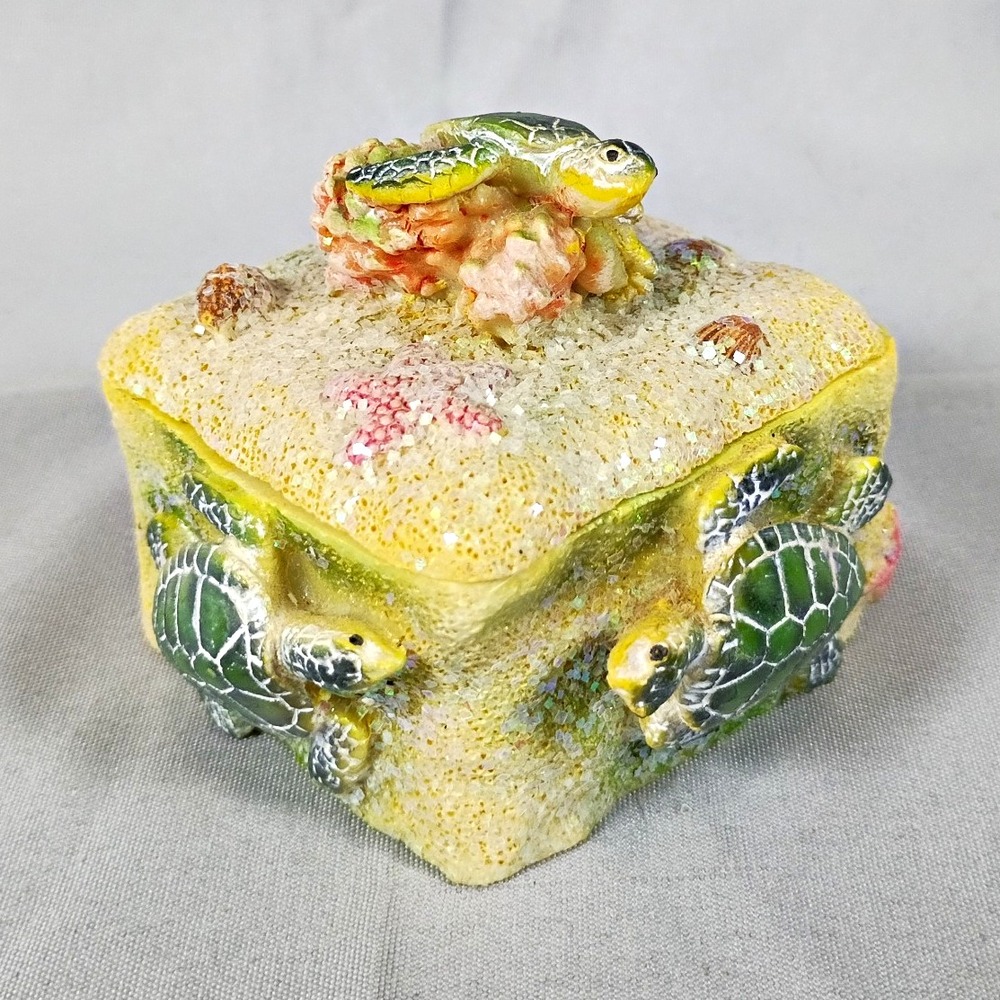 Vintage Coastal Sea Turtle Trinket Box - Sandy Resin Shell & Coral Ocean Theme